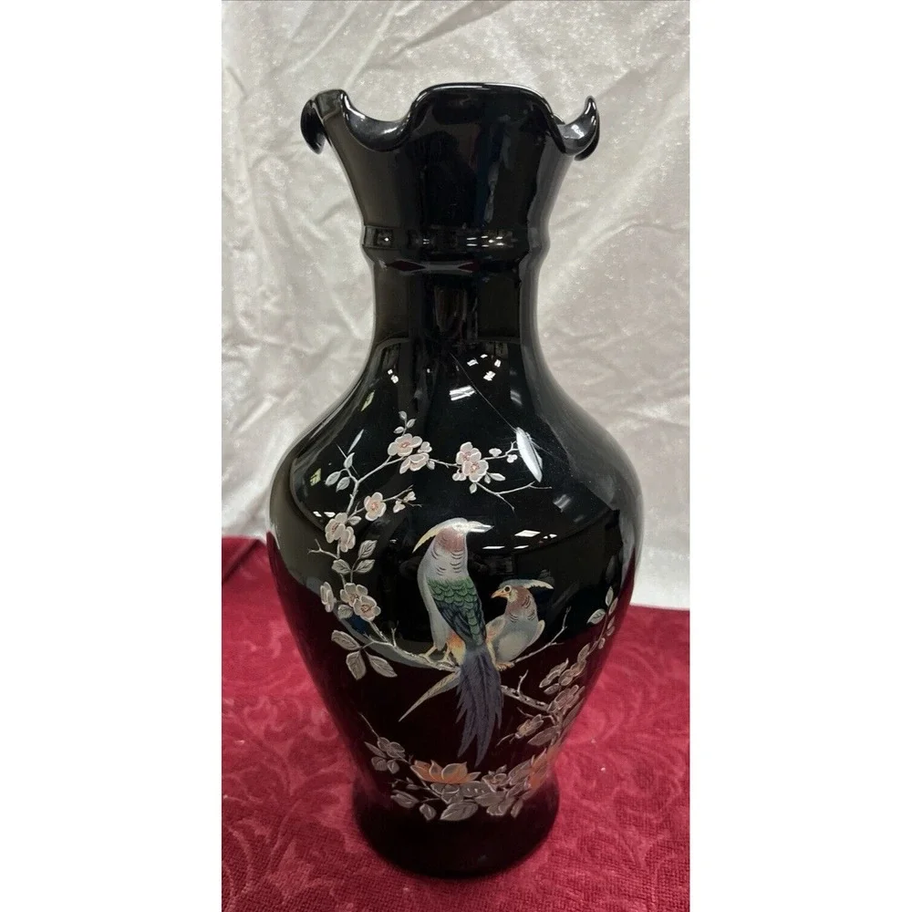 Vintage Japan Black Vase Gold Trim Pheasant Bird Flowers Bud Vase 3.5 Inches1478